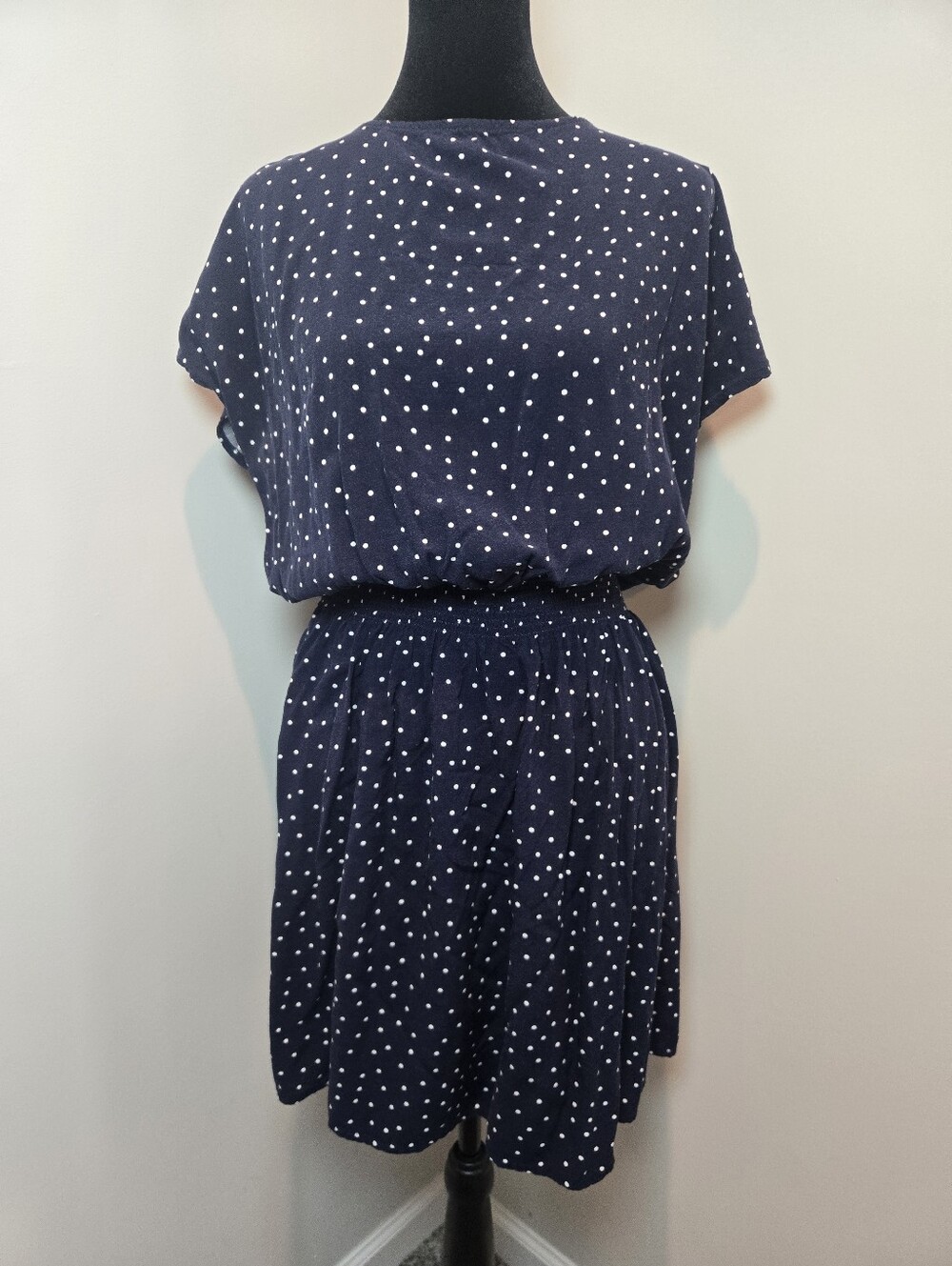 GAP Mini Dress Navy White Polka Dot Smocked Waist Cap Sleeve Women's Large